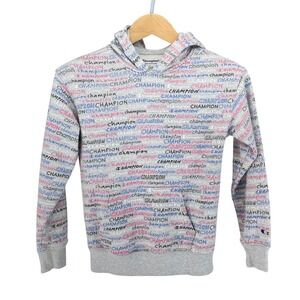 Champion Hoodie Girls All Over Logo Print Gray Pink Blue Size L Youth Athletic